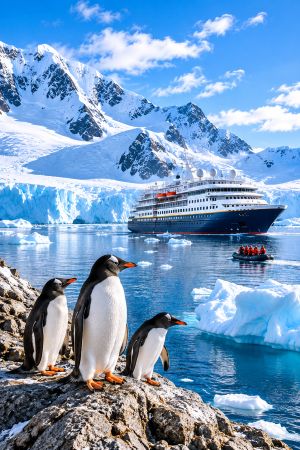 Expedition cruise ship sailing among glaciers and penguins in Antarctica