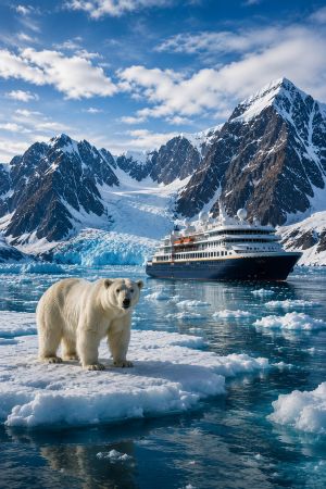 Polar bear with an expedition cruise ship in the Arctic