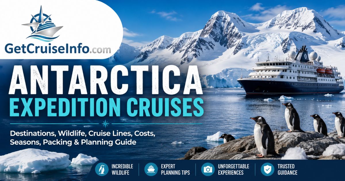 Antarctica expedition cruise ship sailing among glaciers with penguins in the foreground
