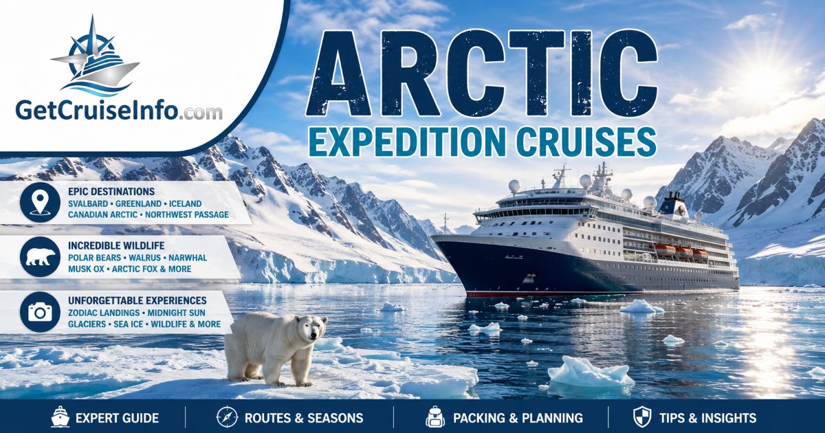 Arctic expedition cruise ship sailing among glaciers with polar wildlife in the foreground