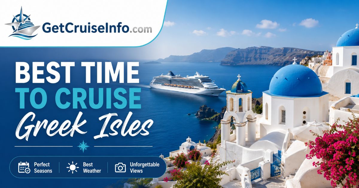 Best time to cruise the Greek Isles featuring Santorini, Mykonos, Mediterranean cruise ships, sunsets, beaches, and Greek island scenery