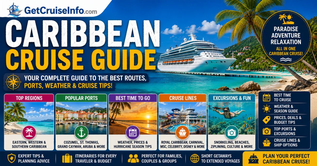 Caribbean cruise guide featuring tropical beaches, cruise ships, Caribbean islands, and cruise planning advice