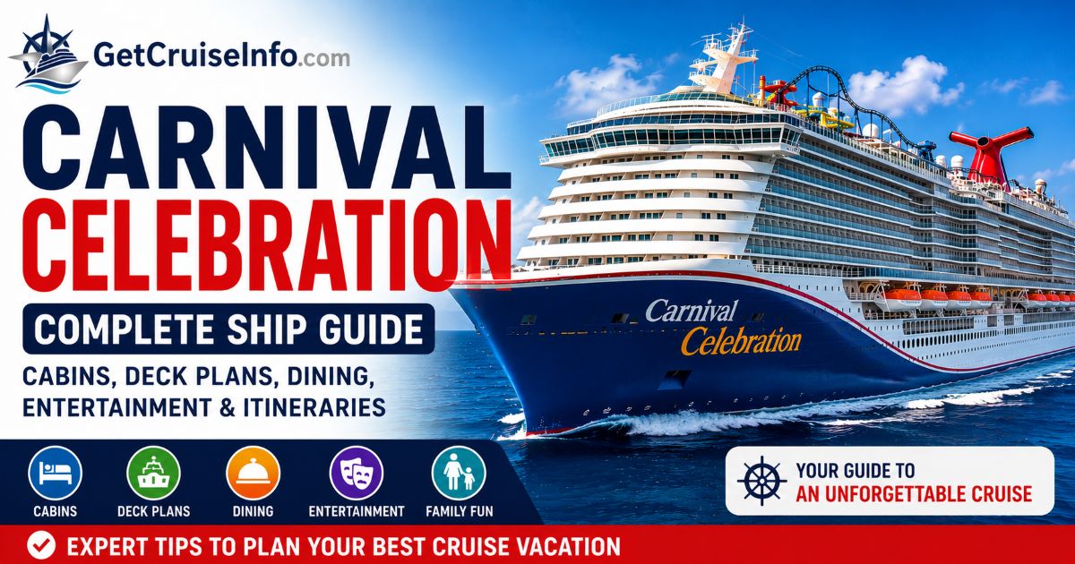 Carnival Celebration cruise ship featuring BOLT roller coaster, cabins, dining, entertainment, and Carnival Cruise Line attractions