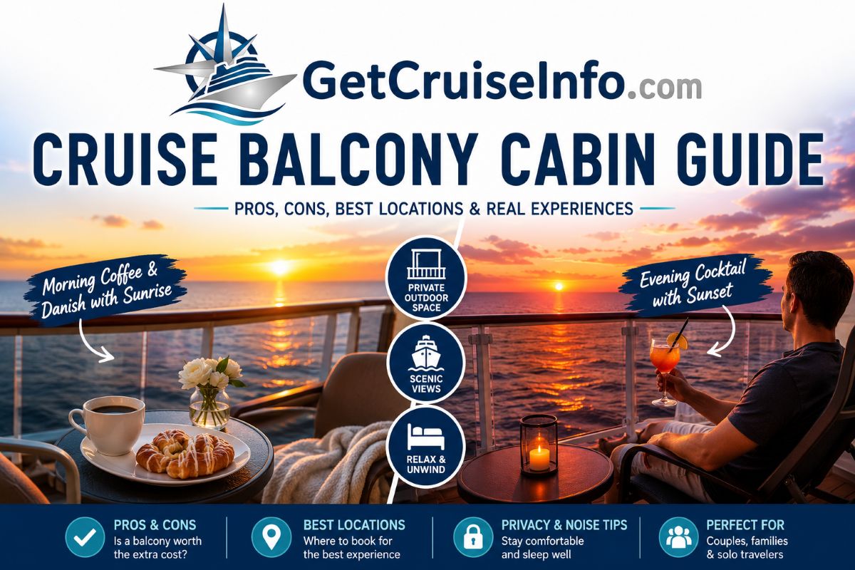Cruise balcony cabin guide showing ocean views, sunrise coffee, balcony relaxation, and cruise cabin planning