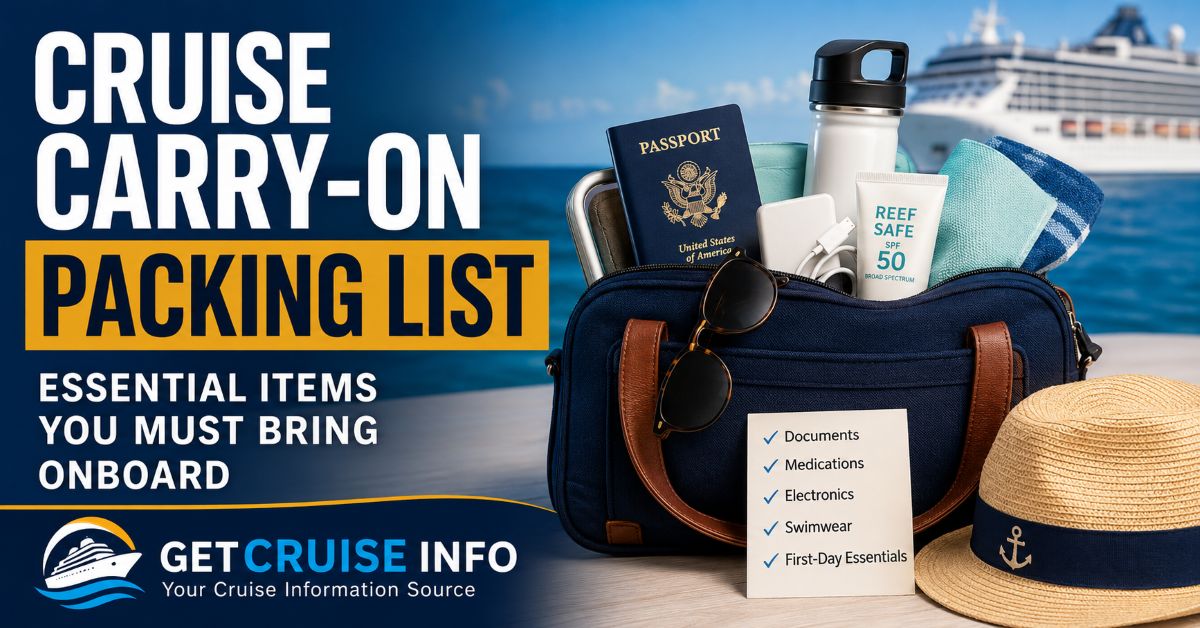 Cruise carry-on packing list with essential embarkation day items including passport, medications, electronics, and travel essentials