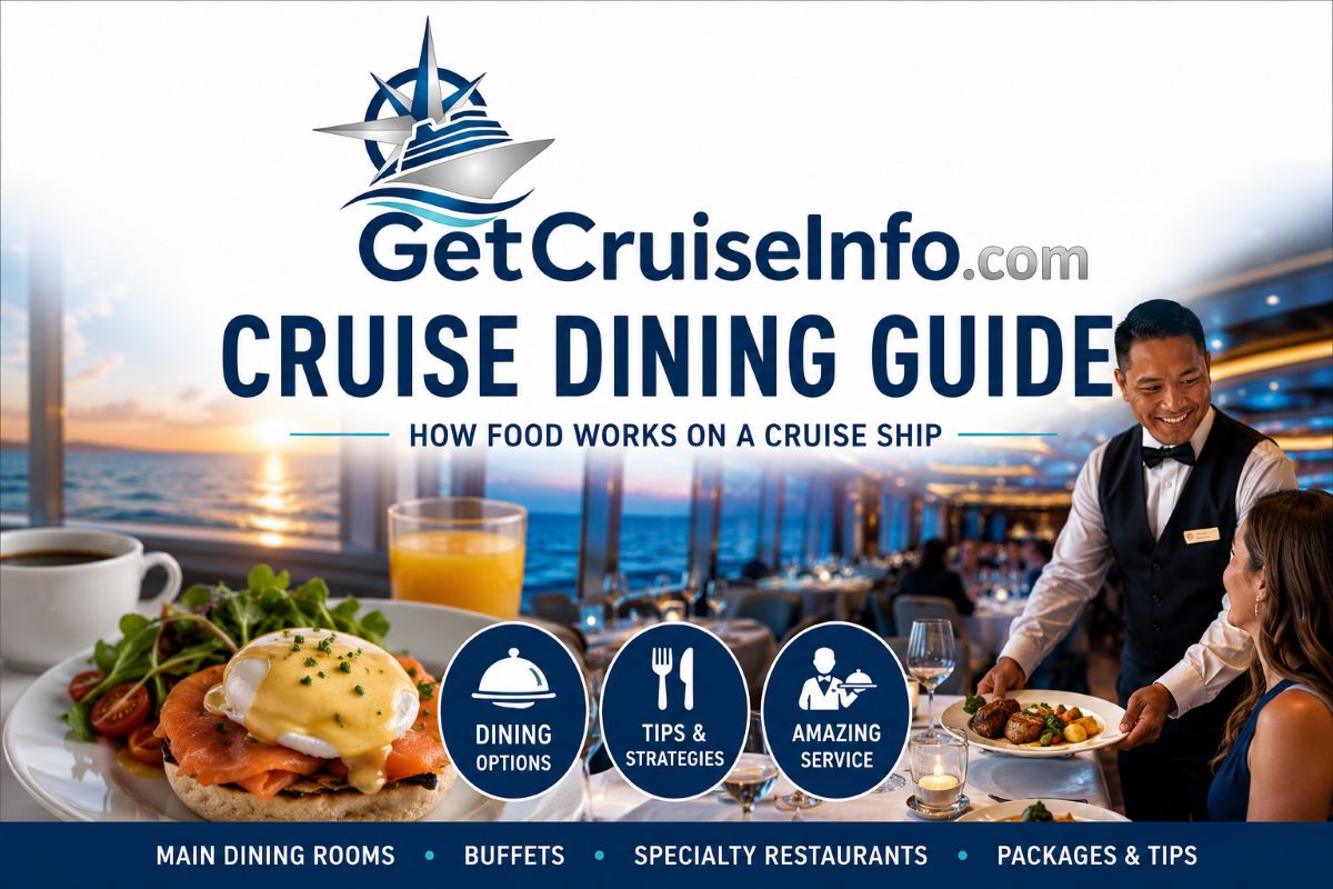 Cruise dining guide showing elegant cruise meals, Eggs Benedict breakfast, specialty dining, and onboard dining experiences