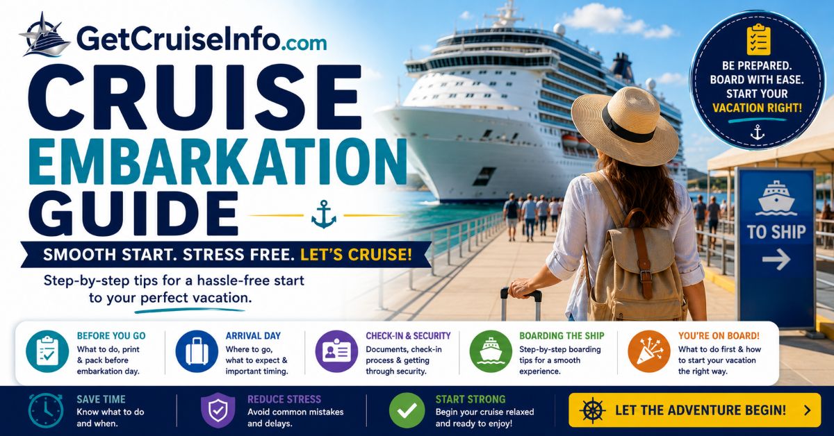 Cruise embarkation guide featuring cruise terminal check-in, luggage drop-off, boarding process, travel documents, and embarkation day preparation