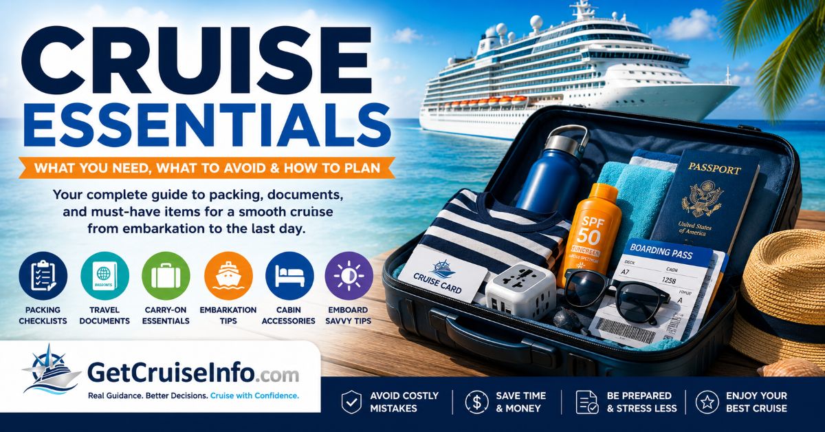Cruise essentials guide featuring cruise packing lists, travel documents, embarkation tips, cabin accessories, and cruise planning essentials