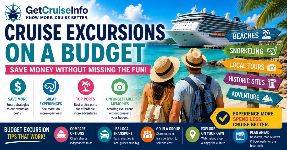 Cruise excursions on a budget featuring affordable shore excursions, Caribbean beaches, snorkeling tours, cruise port planning, and budget travel strategies