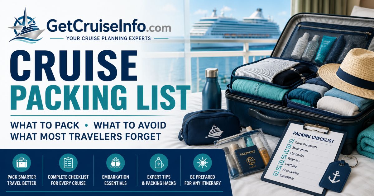 Cruise packing list featuring cruise essentials, embarkation items, luggage, travel accessories, and cruise preparation