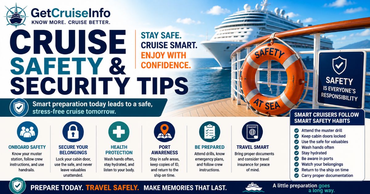 Cruise safety and security guide featuring onboard safety, cruise port awareness, travel preparation, and cruise security strategies
