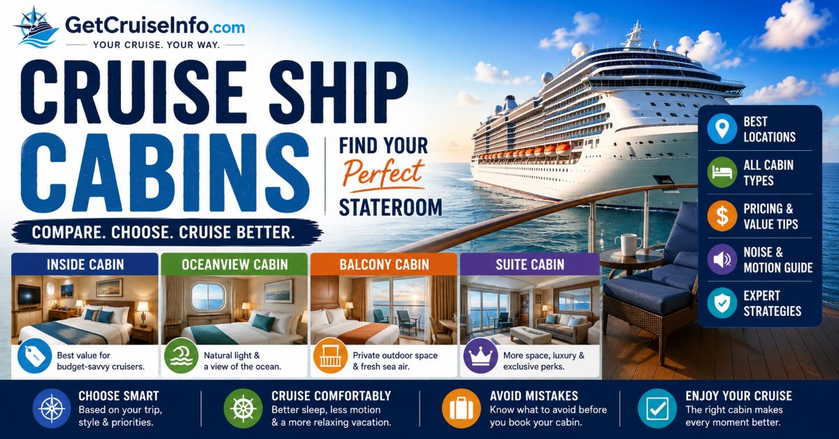 Cruise ship cabins guide featuring inside cabins, balcony cabins, suites, and cruise stateroom selection strategy
