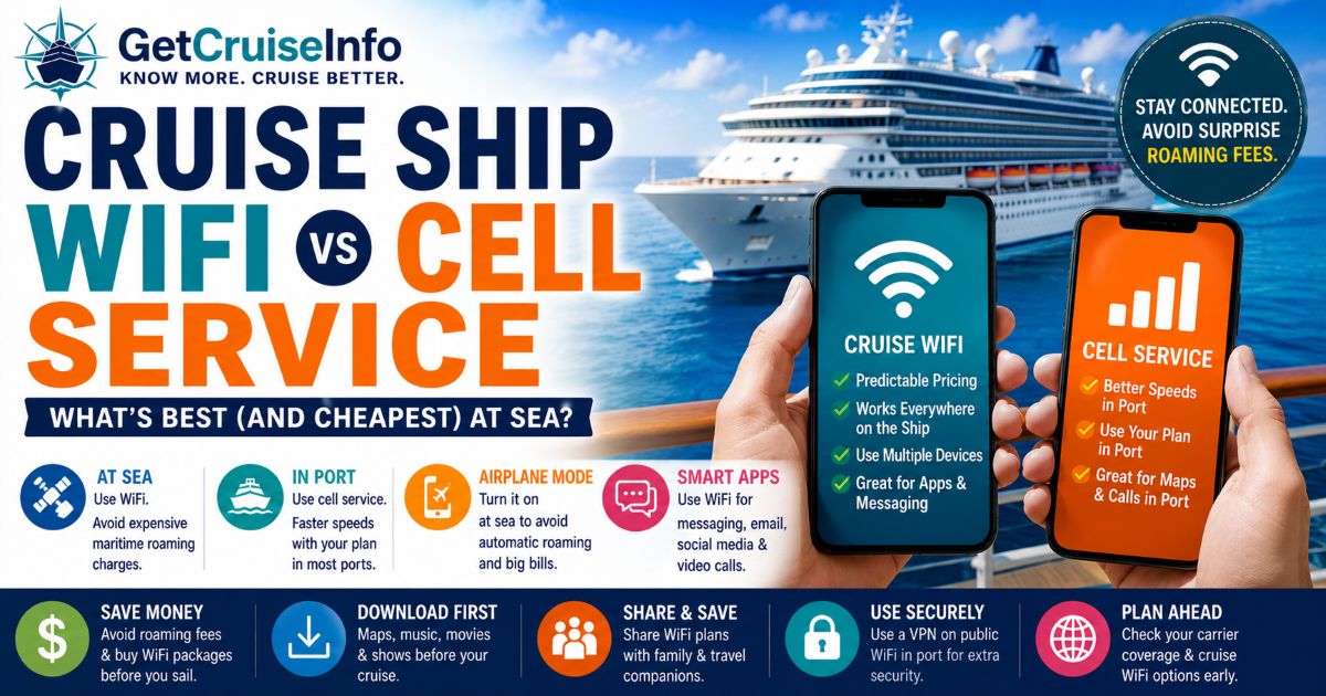 Cruise ship WiFi vs cell service featuring cruise internet access, smartphones, satellite connectivity, roaming charges, and cruise technology planning