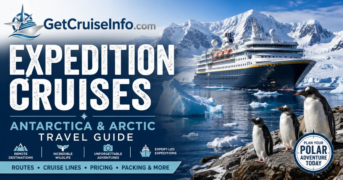 Expedition cruise ship navigating polar waters near glaciers and remote wildlife habitats