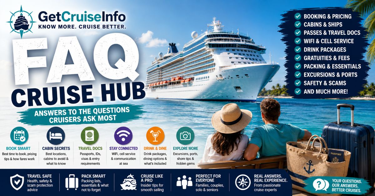 Cruise FAQ hub covering passports, cabins, WiFi, pricing, packing, embarkation, excursions, and cruise planning
