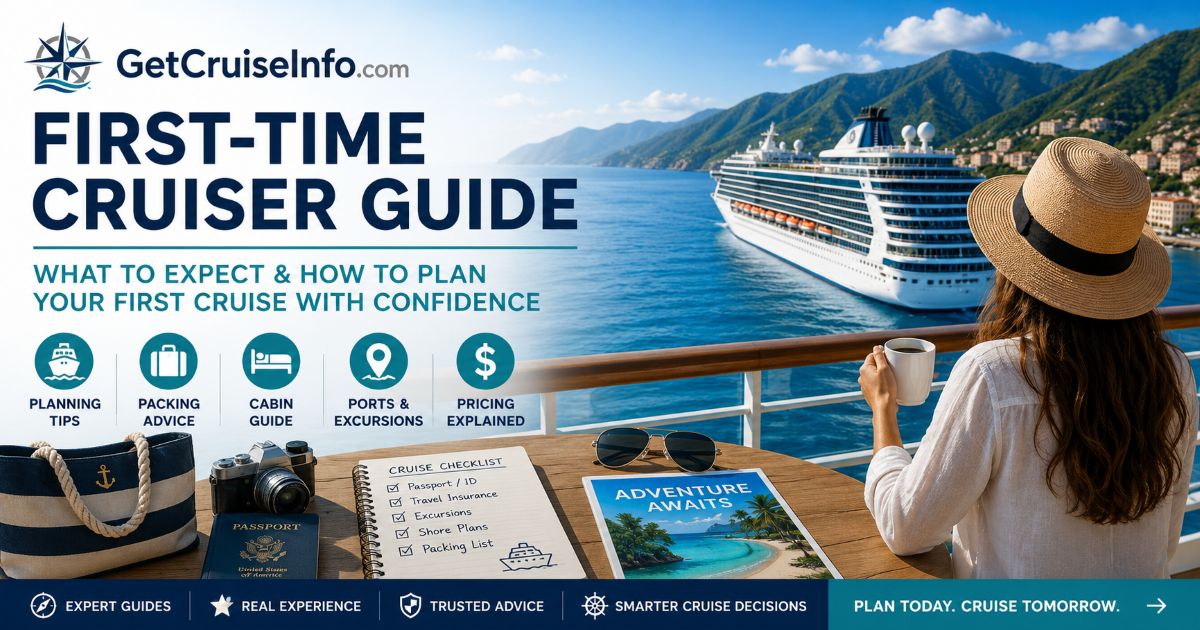 First-time cruiser guide featuring cruise planning tips, cruise ships, cabins, and what to expect on your first cruise