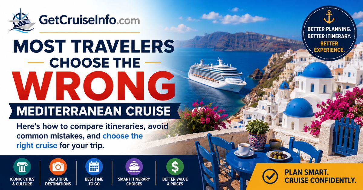 Mediterranean cruise planning guide featuring European ports, cruise ships, Greece, Italy, Spain, and scenic coastal destinations