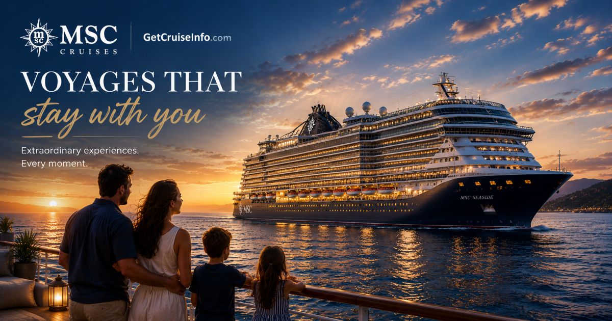 MSC Cruises guide featuring modern cruise ships, Ocean Cay, European-style cruising, dining, entertainment, and family cruise experiences