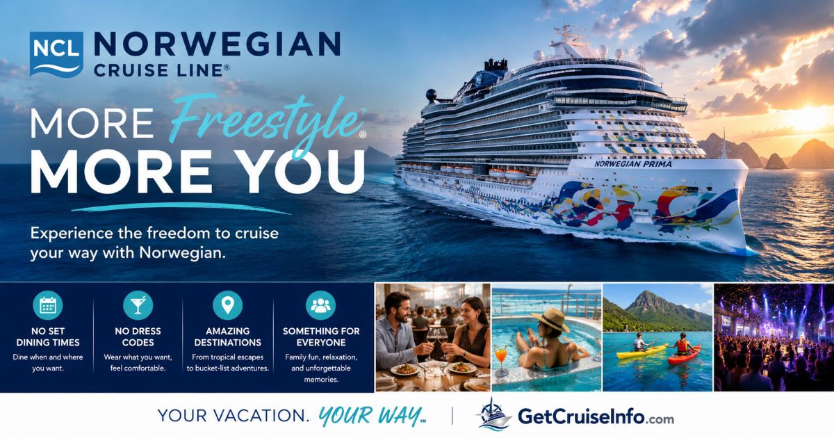 Norwegian Cruise Line guide featuring freestyle cruising, modern cruise ships, Caribbean itineraries, dining, entertainment, and onboard experiences