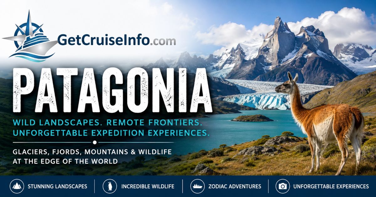 Patagonia expedition cruise sailing through dramatic fjords, glaciers, mountains, and remote southern waterways