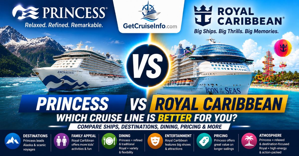 Princess vs Royal Caribbean cruise comparison featuring Alaska cruises, Caribbean mega-ships, entertainment, dining, and onboard experiences