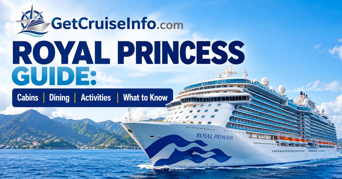 Royal Princess cruise ship guide featuring SeaWalk, balcony cabins, dining, The Sanctuary, Retreat Pool, Piazza, and entertainment