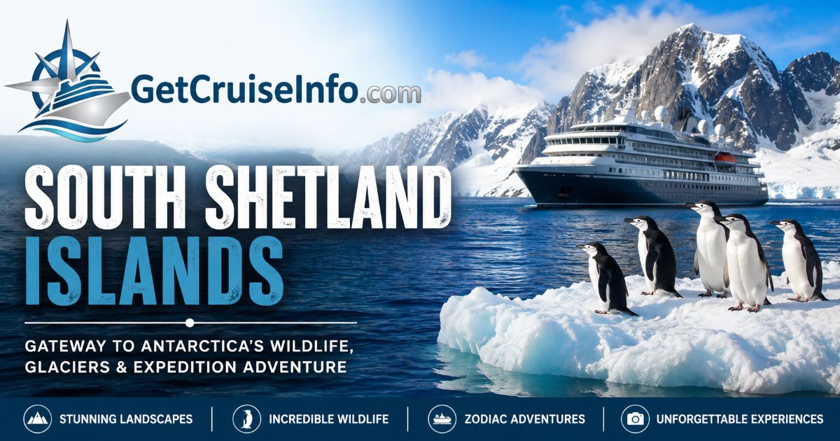 Expedition cruise ship exploring the South Shetland Islands near Antarctica with glaciers and penguins