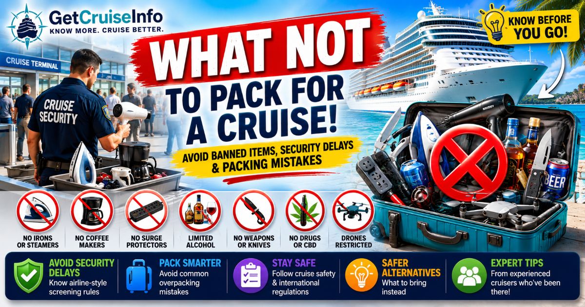 What not to pack for a cruise featuring prohibited cruise items, cruise security screening, luggage, cruise packing mistakes, and cruise travel rules