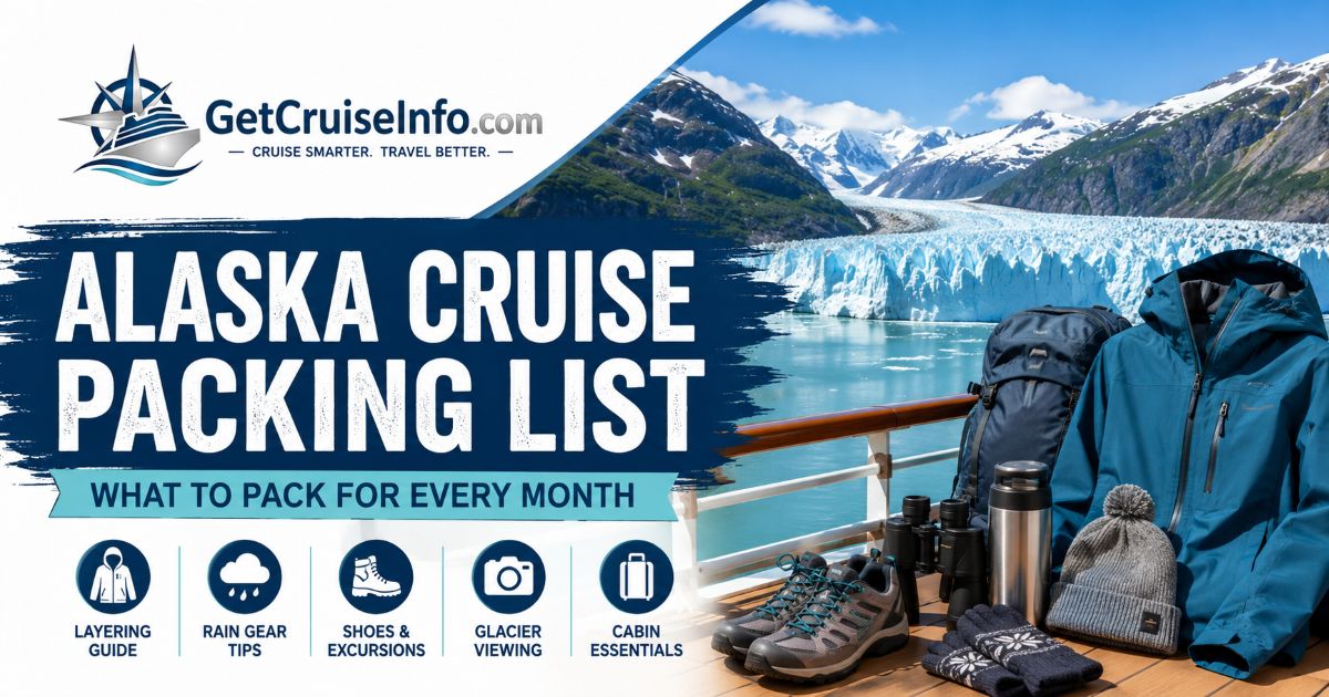 Alaska cruise packing list with layered clothing, rain gear, walking shoes, gloves, binoculars, and a day bag