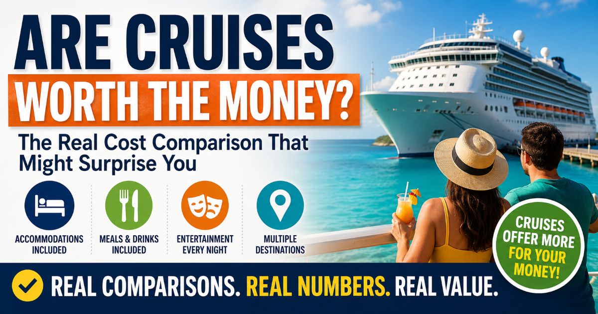 Cruise vacation value comparison featuring a cruise ship, resort, road trip, theme park, and European vacation planning