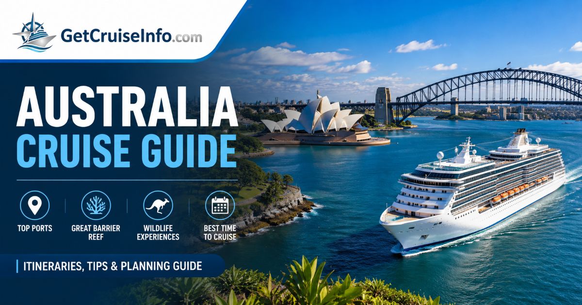 Australia cruise guide featuring Sydney Harbour, cruise ships, Great Barrier Reef itineraries, and Australia cruise planning advice
