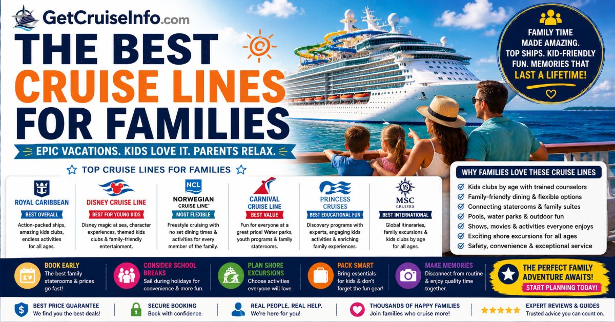 Best cruise lines for families featuring Royal Caribbean, Disney Cruise Line, MSC Cruises, Carnival, and family cruise planning