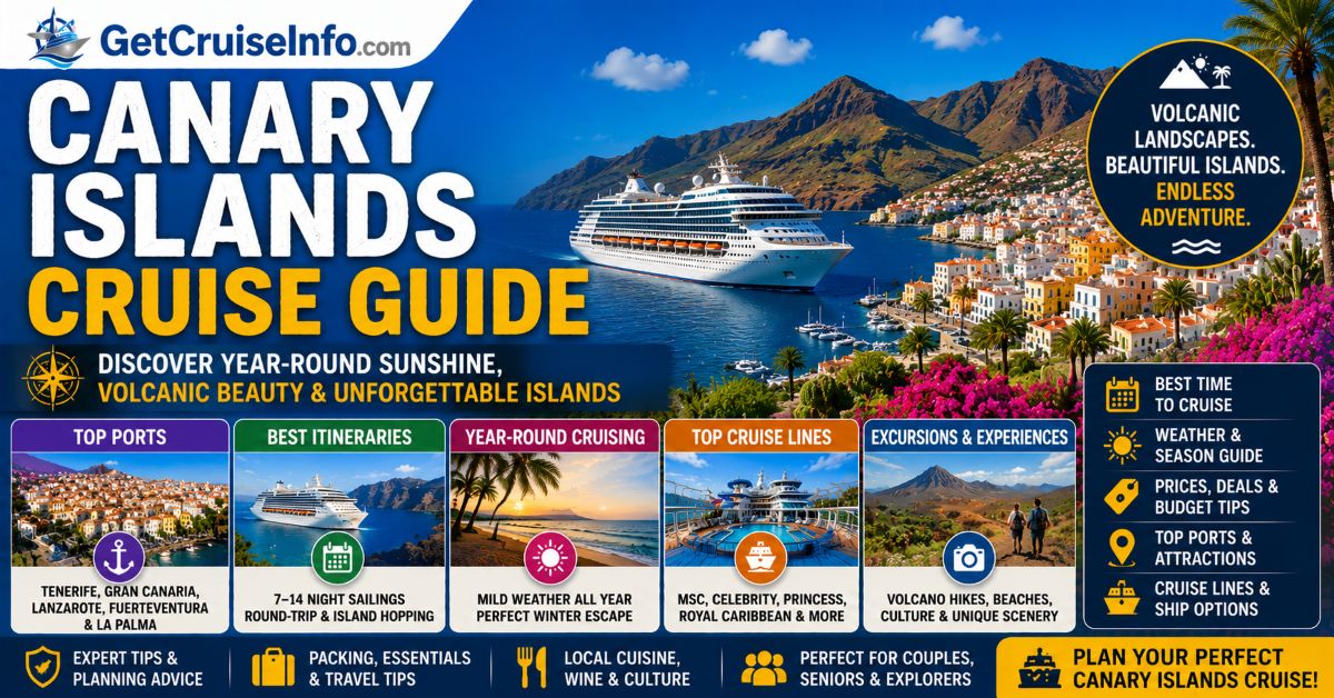 Canary Islands cruise guide featuring Tenerife, volcanic landscapes, cruise ships, and Atlantic cruise planning advice