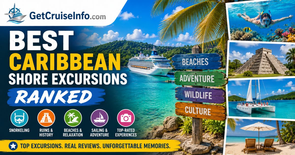 Best Caribbean shore excursions featuring snorkeling, beaches, catamaran tours, Mayan ruins, and Caribbean cruise adventure planning