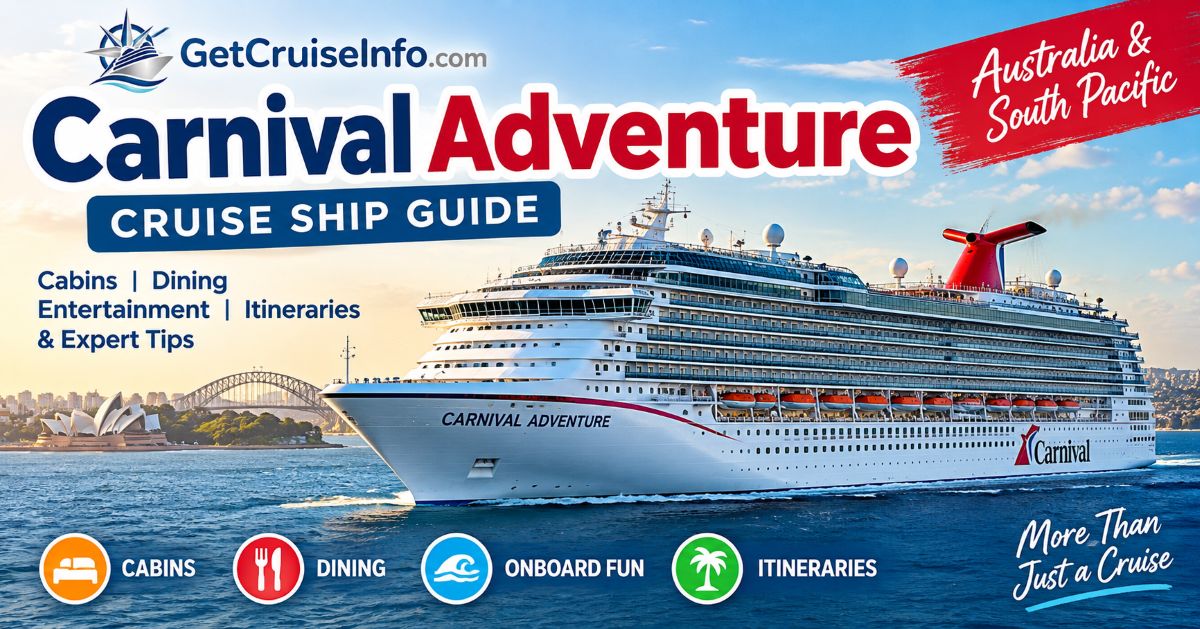 Carnival Adventure cruise ship guide featuring cabins, dining, Speedway Splash waterslides, EDGE Adventure Park, and Australia cruises