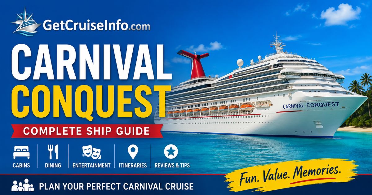 Carnival Conquest cruise ship featuring Caribbean itineraries, cabins, dining, entertainment, pools, and family-friendly attractions