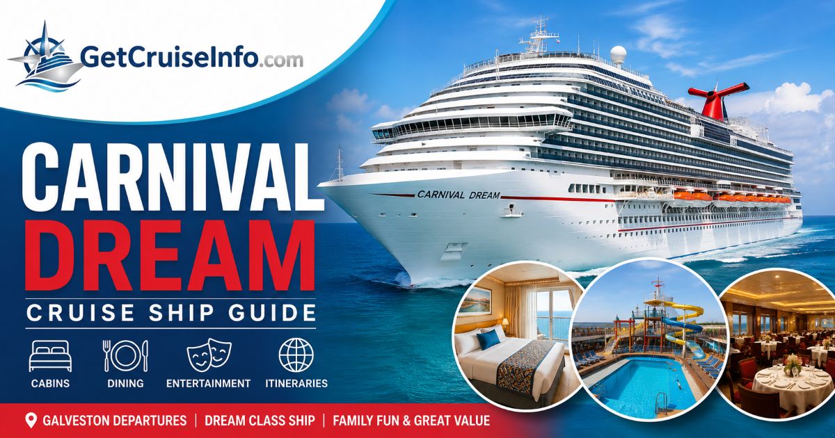 Carnival Dream cruise ship featuring cabins, dining, entertainment, family attractions, WaterWorks, and Caribbean itineraries from Galveston