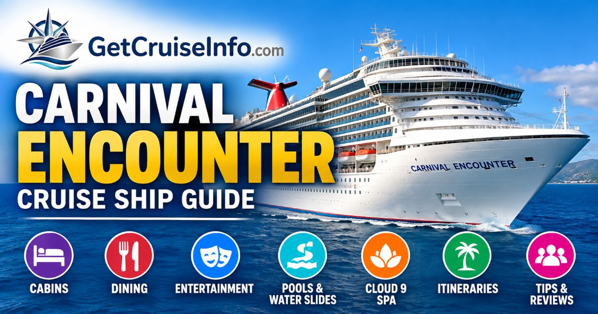 Carnival Encounter cruise ship guide featuring cabins, dining, waterslides, EDGE adventure activities, pools, entertainment, and cruises from Brisbane