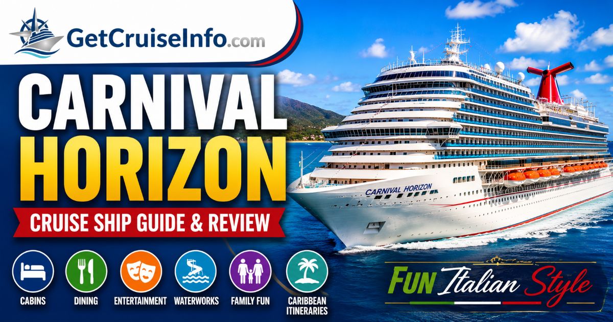 Carnival Horizon cruise ship guide featuring cabins, dining, entertainment, Havana area, IMAX, WaterWorks, family activities, and Caribbean itineraries