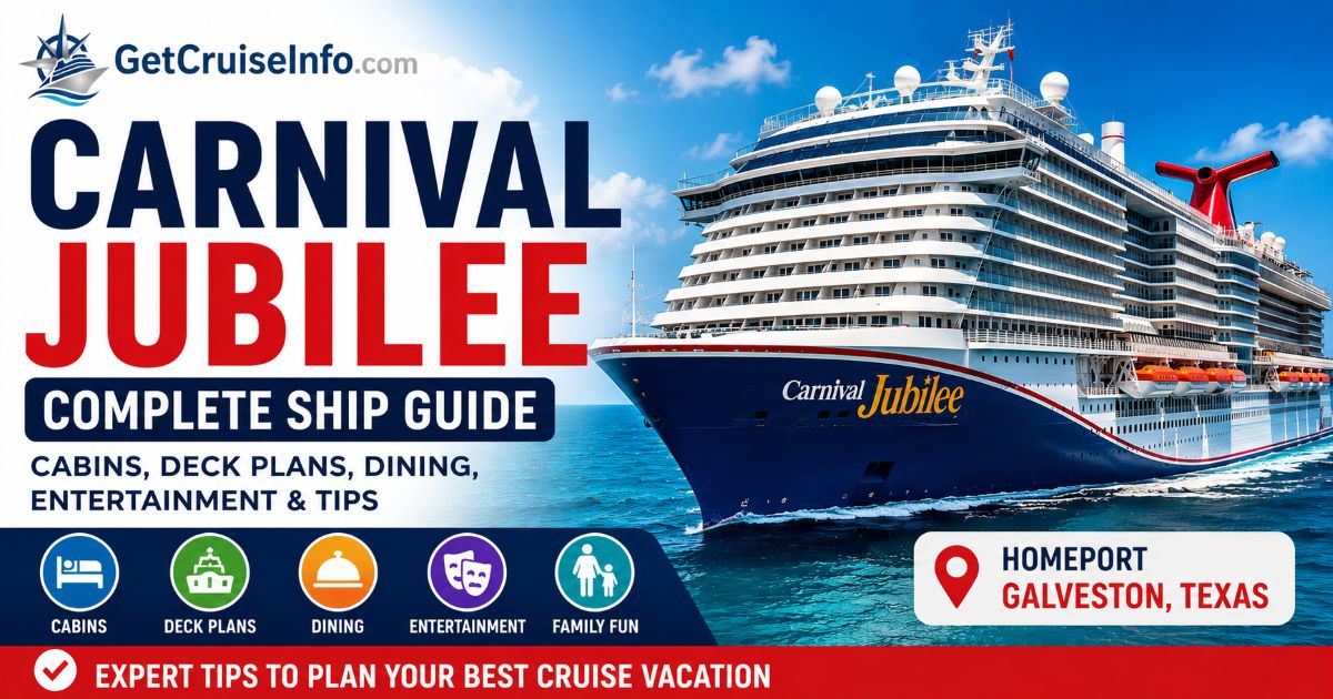 Carnival Jubilee cruise ship featuring cabins, deck plans, dining, entertainment, pools, and Carnival Cruise Line attractions