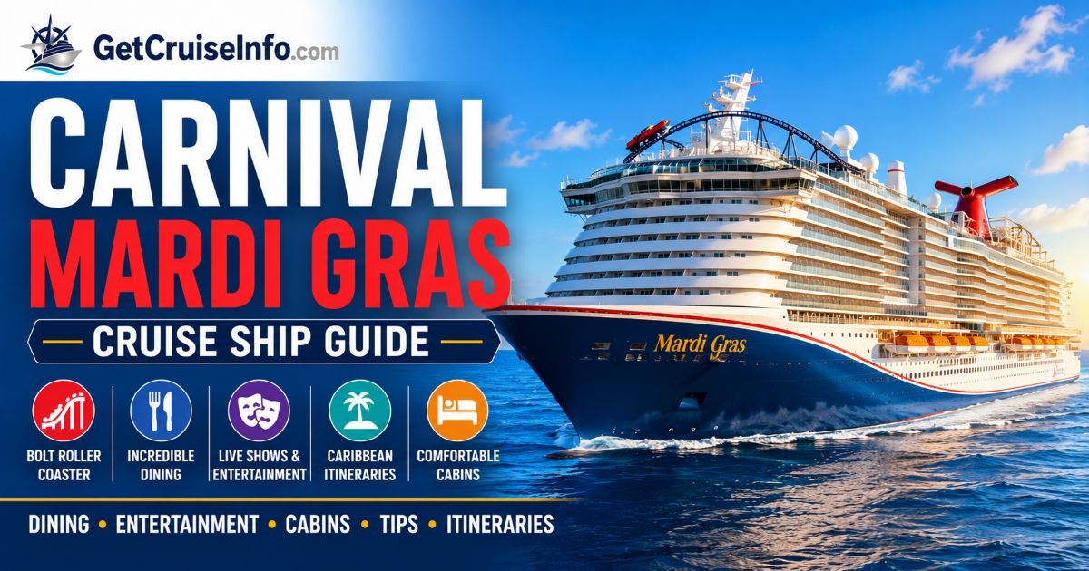 Carnival Mardi Gras cruise ship featuring Bolt roller coaster, dining, entertainment, pools, and Carnival Cruise Line attractions