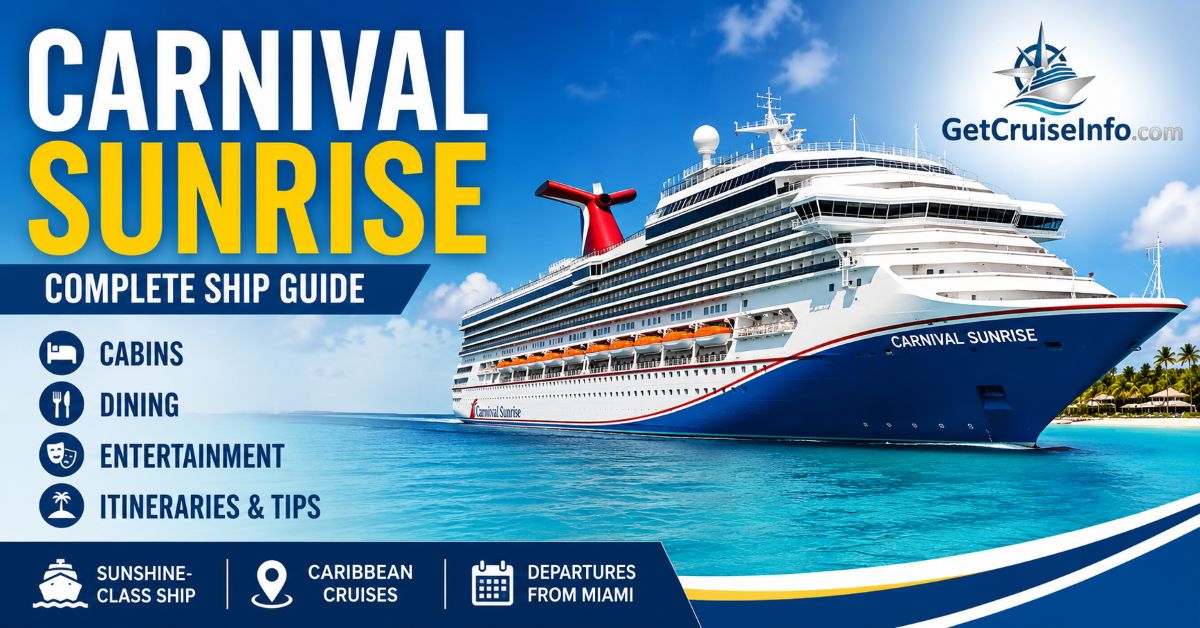 Carnival Sunrise cruise ship featuring Caribbean itineraries, dining, entertainment, family attractions, and departures from Miami
