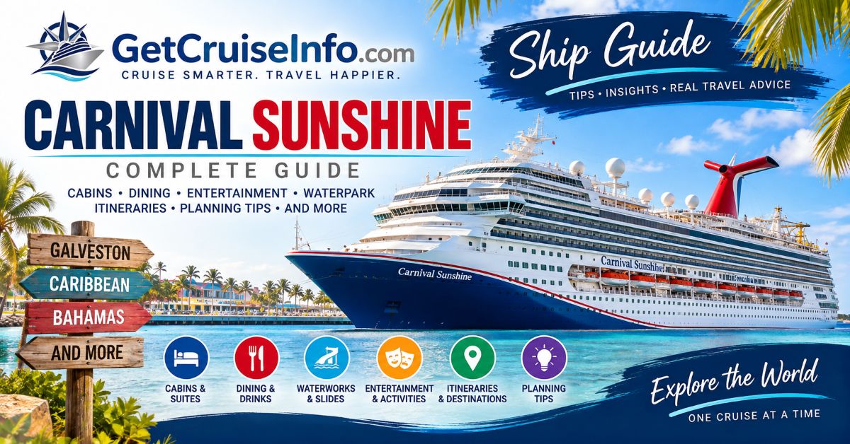 Carnival Sunshine cruise ship guide featuring cabins, dining, WaterWorks, Caribbean itineraries, and cruise planning tips