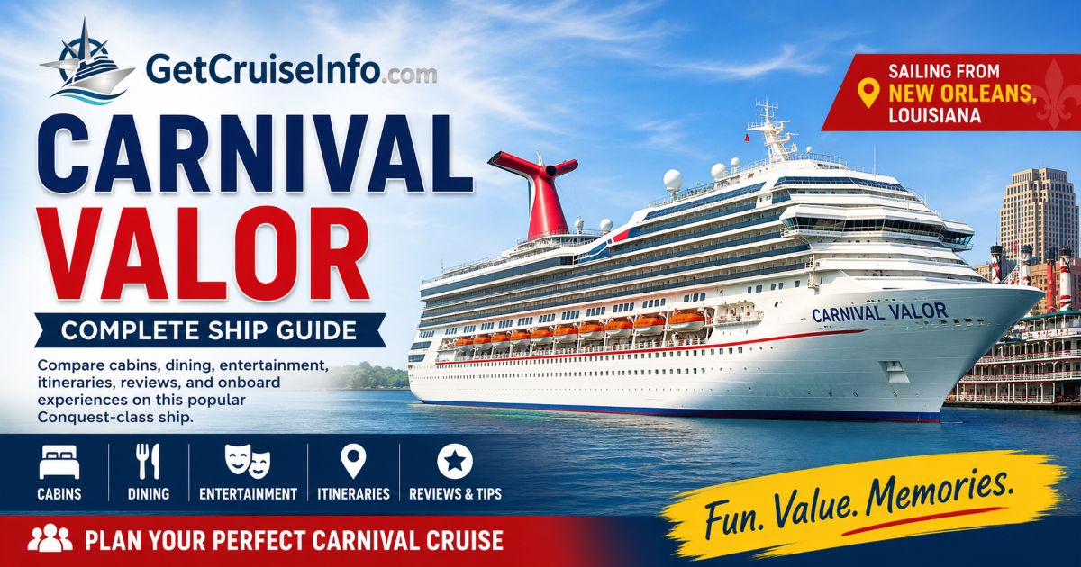 Carnival Valor cruise ship featuring Caribbean itineraries, cabins, dining, entertainment, pools, and family-friendly attractions