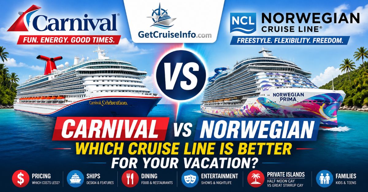 Carnival vs Norwegian cruise comparison featuring cruise ships, dining, entertainment, Caribbean itineraries, and onboard experiences