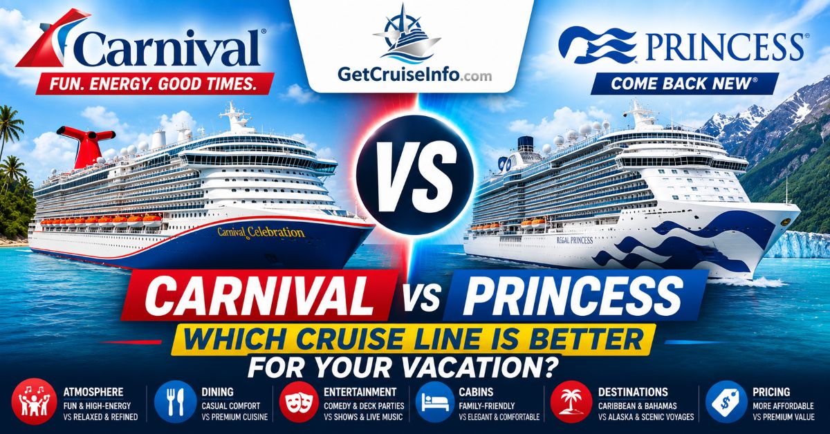 Carnival vs Princess cruise comparison featuring cruise ships, dining, entertainment, Caribbean itineraries, and onboard cruise experiences