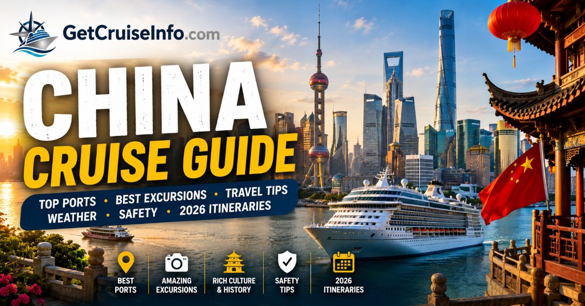 China cruise guide featuring Shanghai skyline, Hong Kong harbor, cruise ships, temples, cultural landmarks, and Asia cruise planning