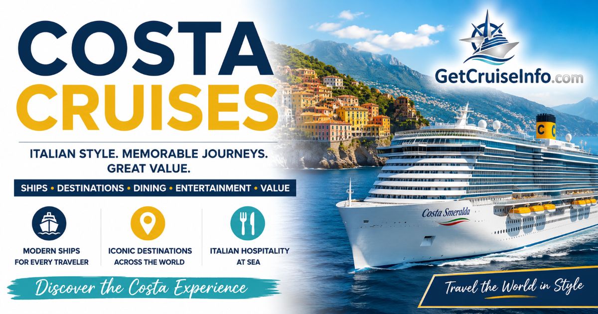 Costa Cruises guide featuring Costa cruise ships, Mediterranean itineraries, European destinations, dining, entertainment, and Italian-inspired cruising