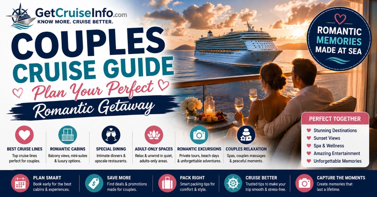 Couple reconnecting during a romantic cruise vacation with quiet time, shared dining, ocean views, and thoughtful cruise planning