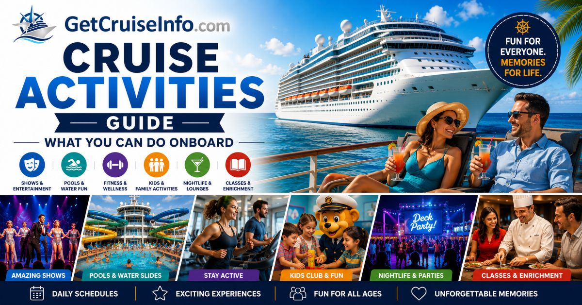 Cruise activities guide featuring onboard entertainment, pools, nightlife, family activities, shows, fitness programs, and sea day experiences
